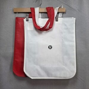 2 Lululemon Reusable Shopping Tote Bag Snap Close White Red 14 X 28 X 6.5 Inches